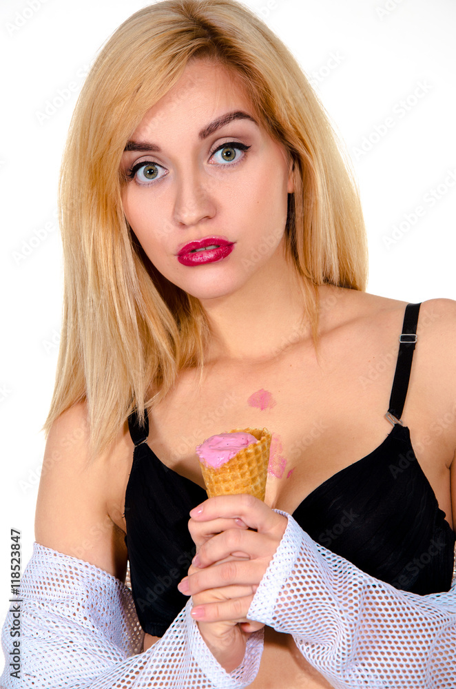 funny blonde woman with ice cream in hands funny blonde woman with ice cream in hands