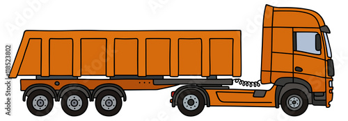 Hand drawing of an orange towing truck vith the tipper semitrailer