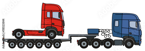 Hand drawing of a blue towing truck with the red truck on the flatbed semitrailer