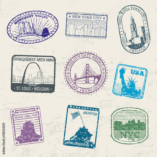 Mail travel stamps with USA city symbols