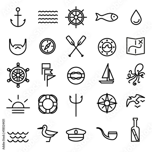 Nautical, marine line icons set