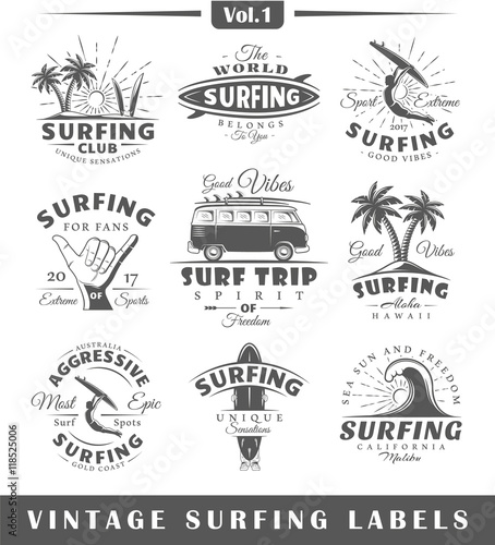 Set of vintage surfing labels. Vol.1