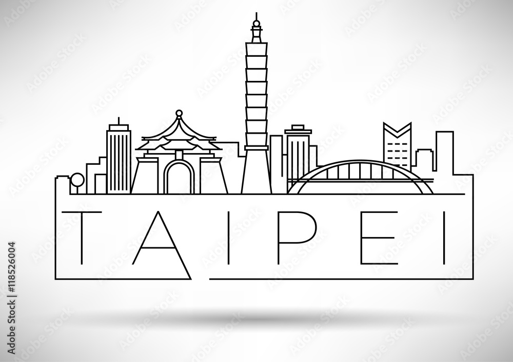 Fototapeta Minimal Vector Taipei City Linear Skyline with Typographic Desig