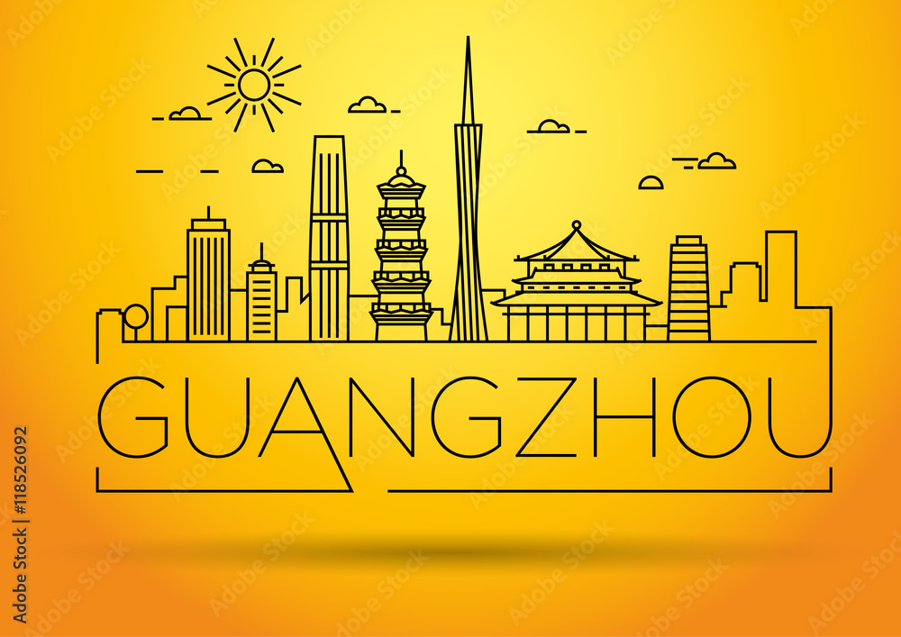 Minimal Vector Guangzhou City Linear Skyline with Typographic De