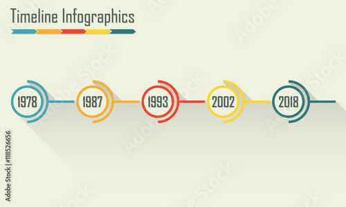 Timeline Infographics template with shadow. Horizontal design elements. Colorful vector illustration.