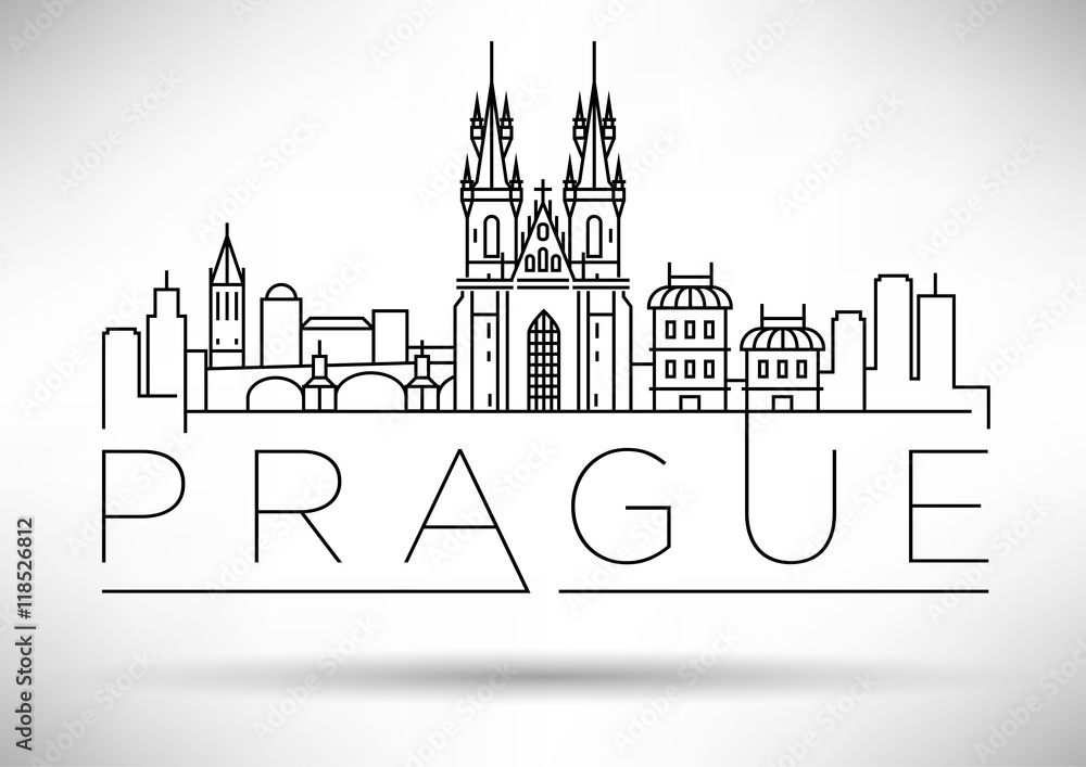 Minimal Vector Prague City Linear Skyline with Typographic Desig