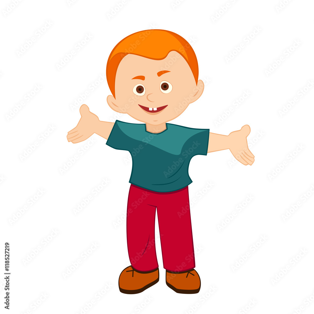 smiling boy with open arms, vector illustration, cartoon boy standing with outstretched arms, with friendly facial expression