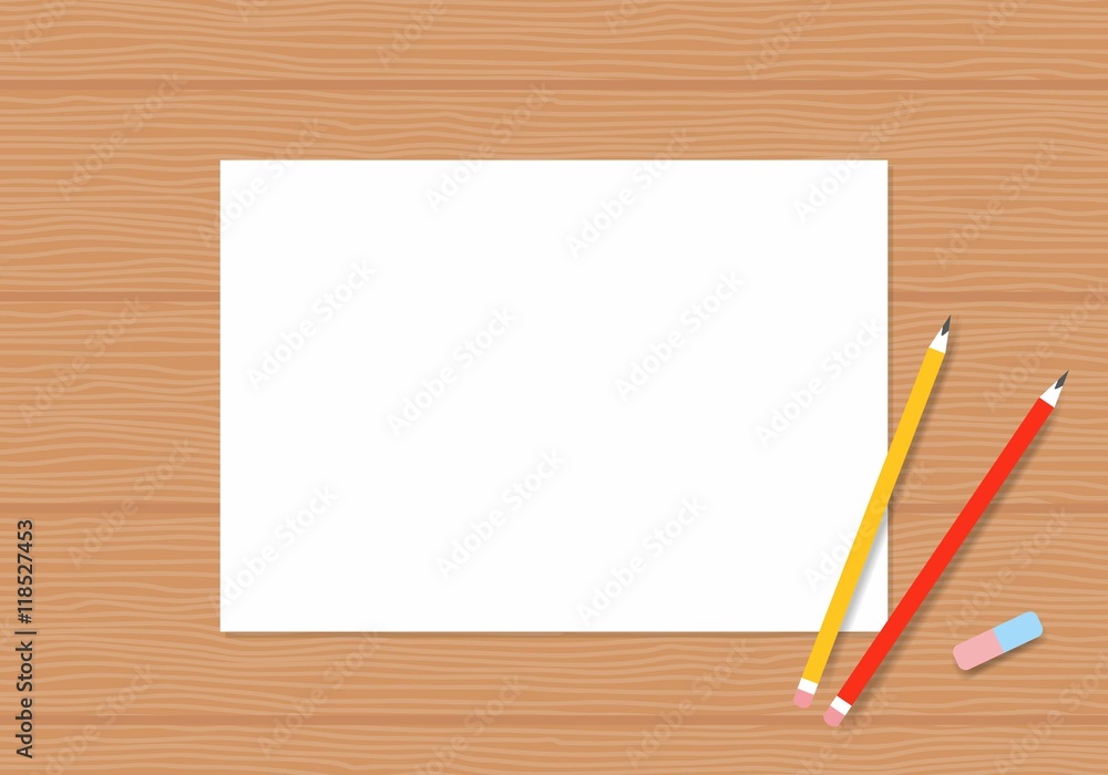 Blank white paper with pencil on wood table. Album pages with pencils for drawing on a wooden table Blank white paper with pencil on wood table. Album pages with pencils for drawing on a wooden table