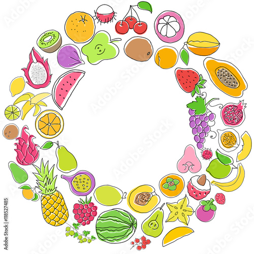 Collection of fruits and berries in round frame