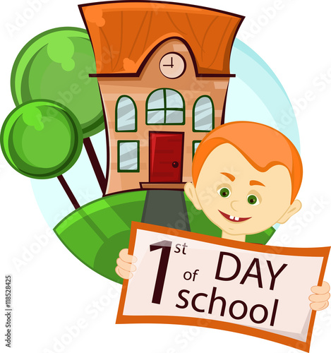 smiling boy near the school building on the first day of the school year, vector illustration, September first. Back To School background. Poster, greeting card or brochure template isolated on white.