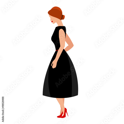 the girl dressed in little elegant black dress and wearing red shoes, vector illustration