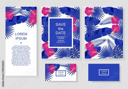 Template with tropical flowers and leaves. Pattern flyer, invitation, flyer, business card.