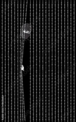 Hacker in a mask after vertical blinds
