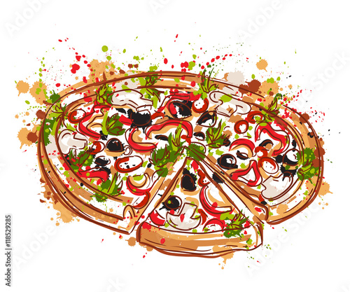 Italian pizza with splashes in watercolor style. Hand drawn vector illustration