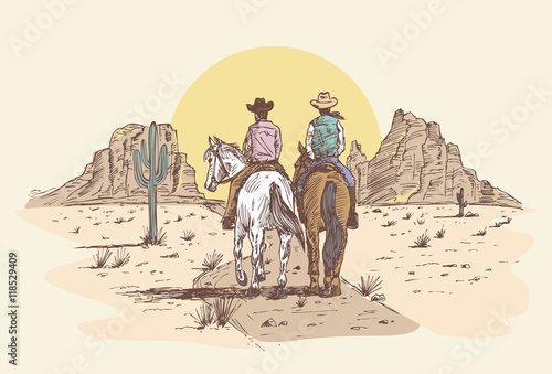 Hand drawn cowboys riding horses in desert at sunset.