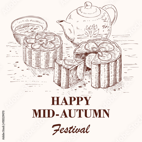 Hand drawn of traditional mooncakes on table with tea