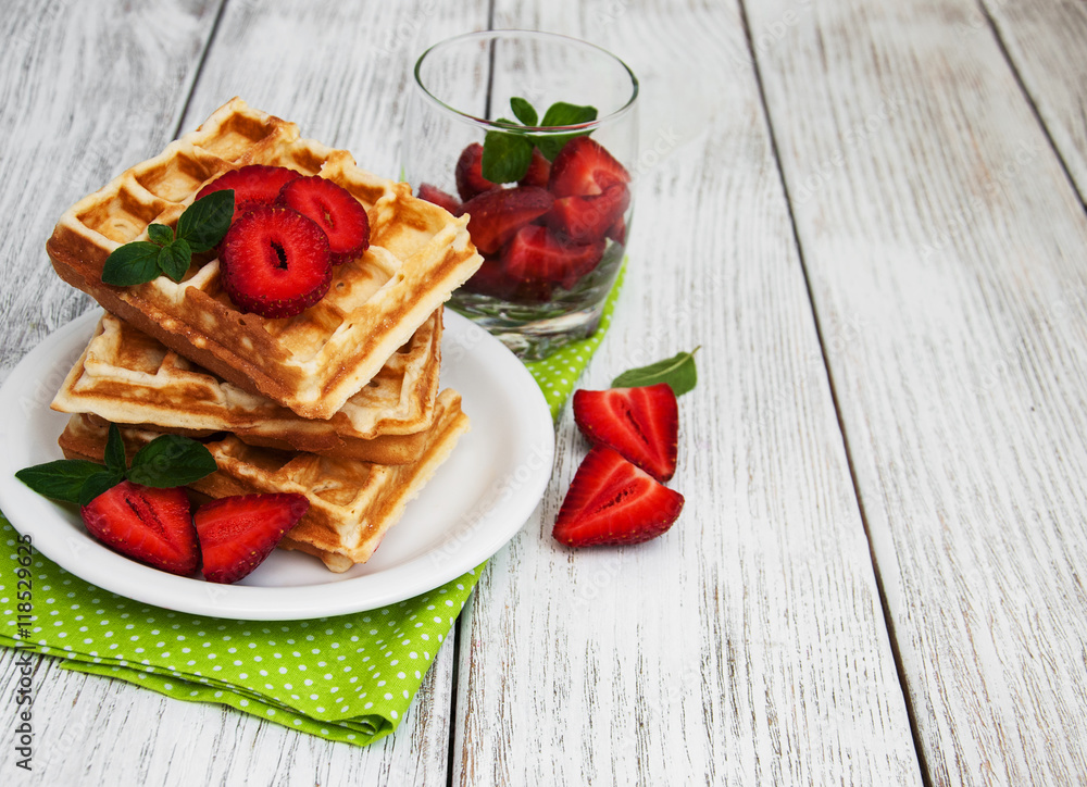 belgian waffles with strawberries and mint