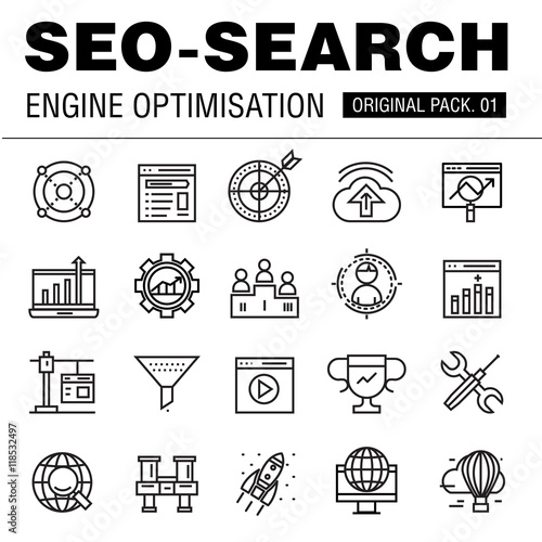 Modern seo development pack. Thin line icons optimization technology. Analytics internet collection future infographics industry elements. High quality vector symbol. Stroke pictogram for web design.