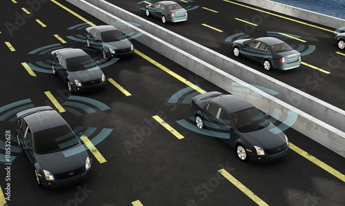 Autonomous cars on a road with visible connection