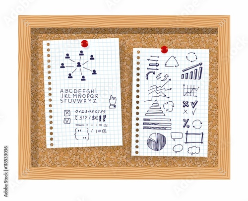 Set of Info-graphic elements, marks, circle, scribbles, highlight frames elements, arrow, underlined, curves, arrows symbols. Isolated on a white sheet in a cage on a cork board