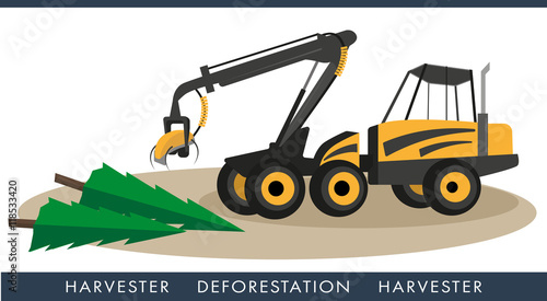 Harvester for logging. Vector illustration. Deforestation. Technical equipment for cutting woods