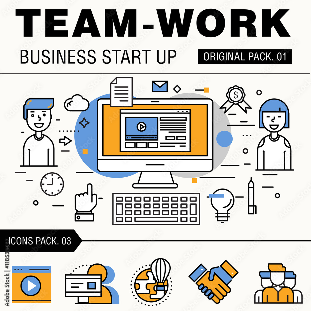 Modern team work pack. Thin line icons business works. Group people organization meeting future business industry elements. High quality vector symbol. Stroke pictogram for web design.