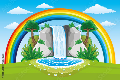 Beautiful waterfall and rainbow.