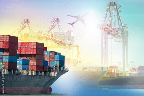 Logistics and transportation Container Cargo ship and Cargo plane with working crane bridge in shipyard background, logistic import export background and transport industry.