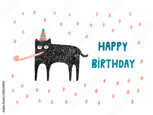Happy Birthday card, Cat with hat and party blower, vector illus