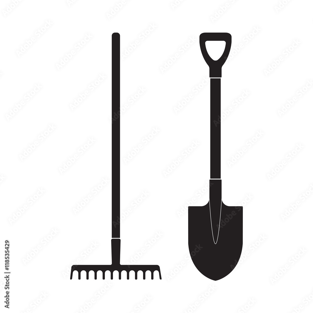 Shovel and rake icon or sign isolated on white background. Gardening tools design. Vector illustration. Shovel and rake icon or sign isolated on white background. Gardening tools design. Vector illustration.