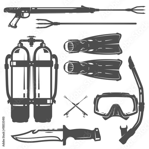 Set of scuba diving elements for emblems,logo ,prints,tattoo,label and design.