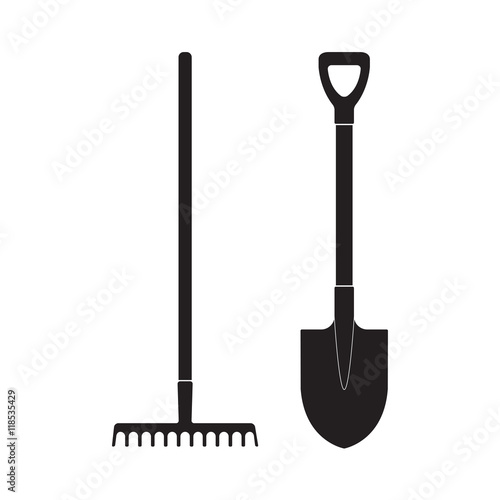 Shovel and rake icon or sign isolated on white background. Gardening tools design. Vector illustration.