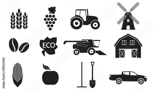 Agriculture and farming icon set. Black icons isolated on white background. Vector illustration.