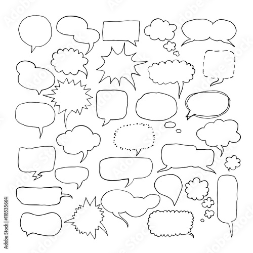 Vector hand drawn doodle set of sketch speech bubbles clouds.