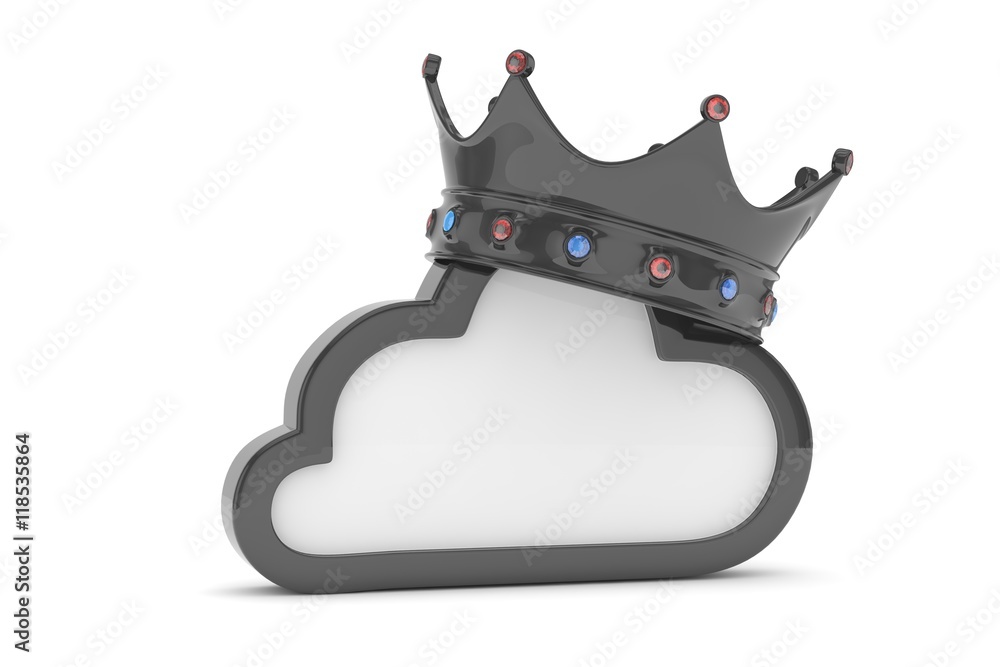 Isolated black cloud icon with crown and gems on white background. Symbol of communication, network and technology. Broadband. Online database. 3D rendering. Isolated black cloud icon with crown and gems on white background. Symbol of communication, network and technology. Broadband. Online database. 3D rendering.