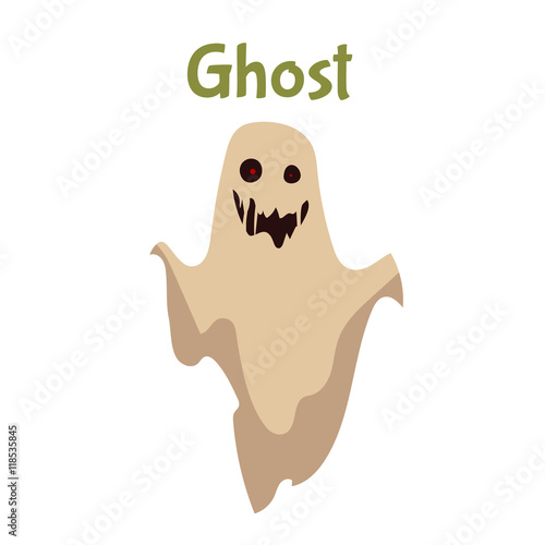 Scary ghost, Halloween costume idea, cartoon style vector illustration isolated on white background. Frightening red-eye ghost, traditional symbol of Halloween