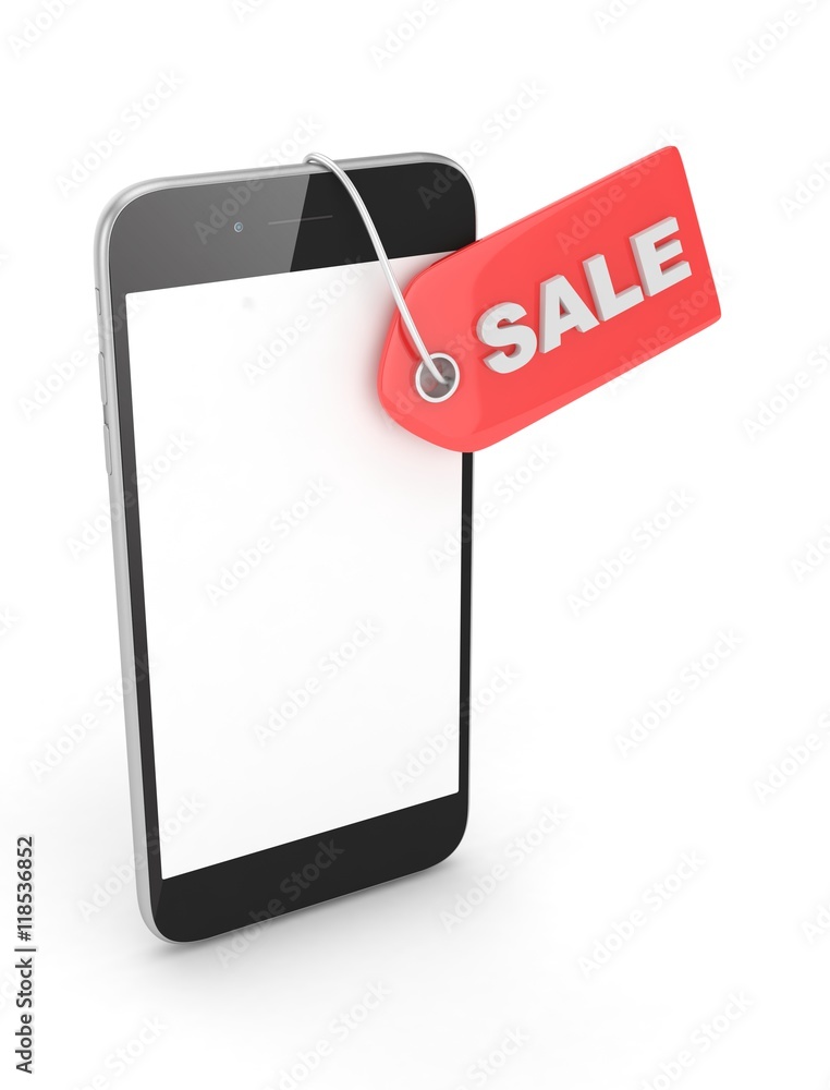 Smart phone with red sale label on white background. Best offer. Leader of sales. 3D rendering. Smart phone with red sale label on white background. Best offer. Leader of sales. 3D rendering.