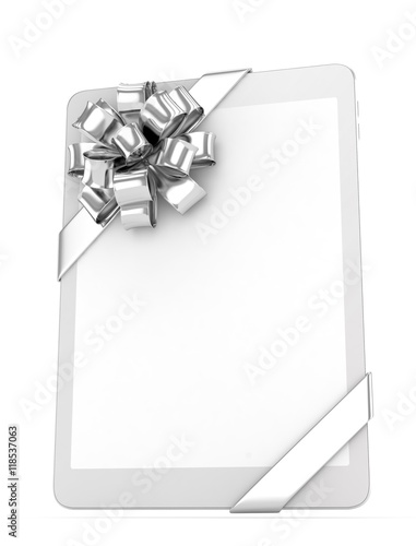 White tablet with silver bow and empty screen. 3D rendering. © Natalia Merzlyakova