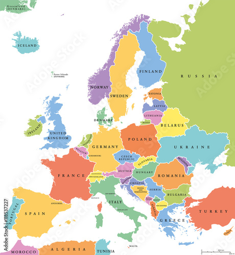 Europe single states political map. All countries in different colors, with national borders and country names. English labeling and scaling. Illustration on white background.