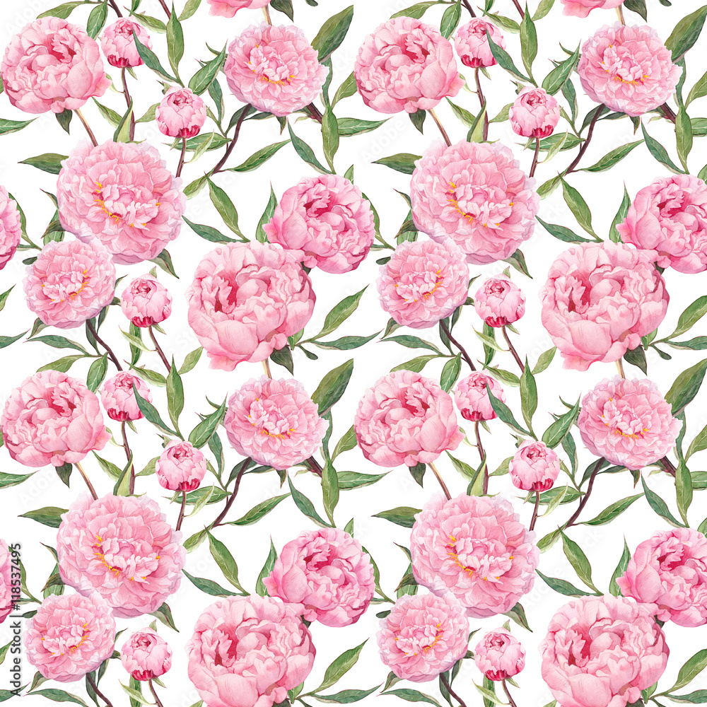 Peony pink flowers. Floral repeating pattern. Watercolor