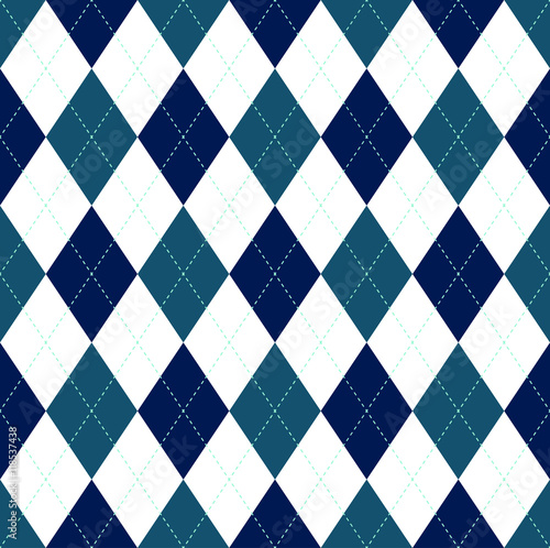 Seamless argyle pattern in dark navy blue, teal green & white with aquamarine green stitch.