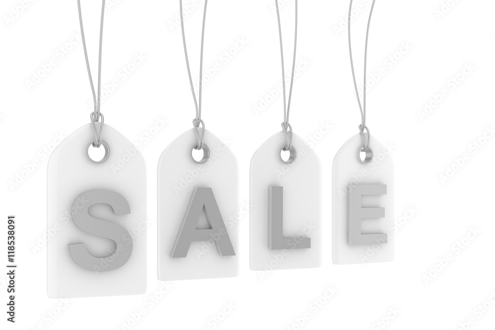 Colorful isolated sale labels on white background. Price tags. Special offer and promotion. Store discount. Shopping time. Silver letters on white labels. 3D rendering.