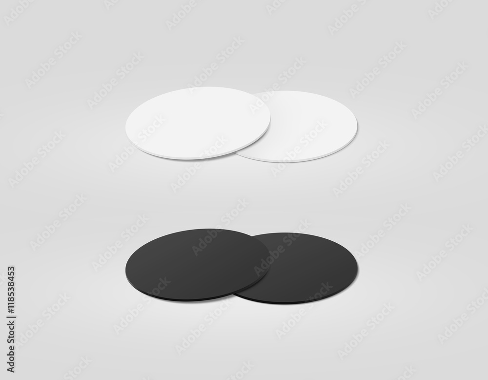 Stack of blank white and black textured beer coasters mockup, clipping  path, 3d illustration. Round clear mug mat design mock up. Circle cup rug  display, 2 side set. Bottle plain coaster Stock