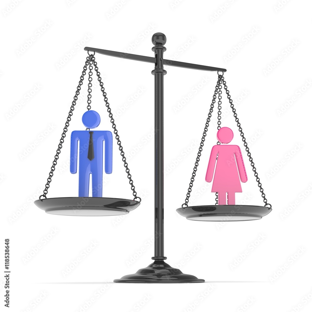 Isolated old fashioned pan scale with man and woman on white background. Gender inequality. Equality of sexes. Law issues. Colorful model. 3D rendering. Isolated old fashioned pan scale with man and woman on white background. Gender inequality. Equality of sexes. Law issues. Colorful model. 3D rendering.