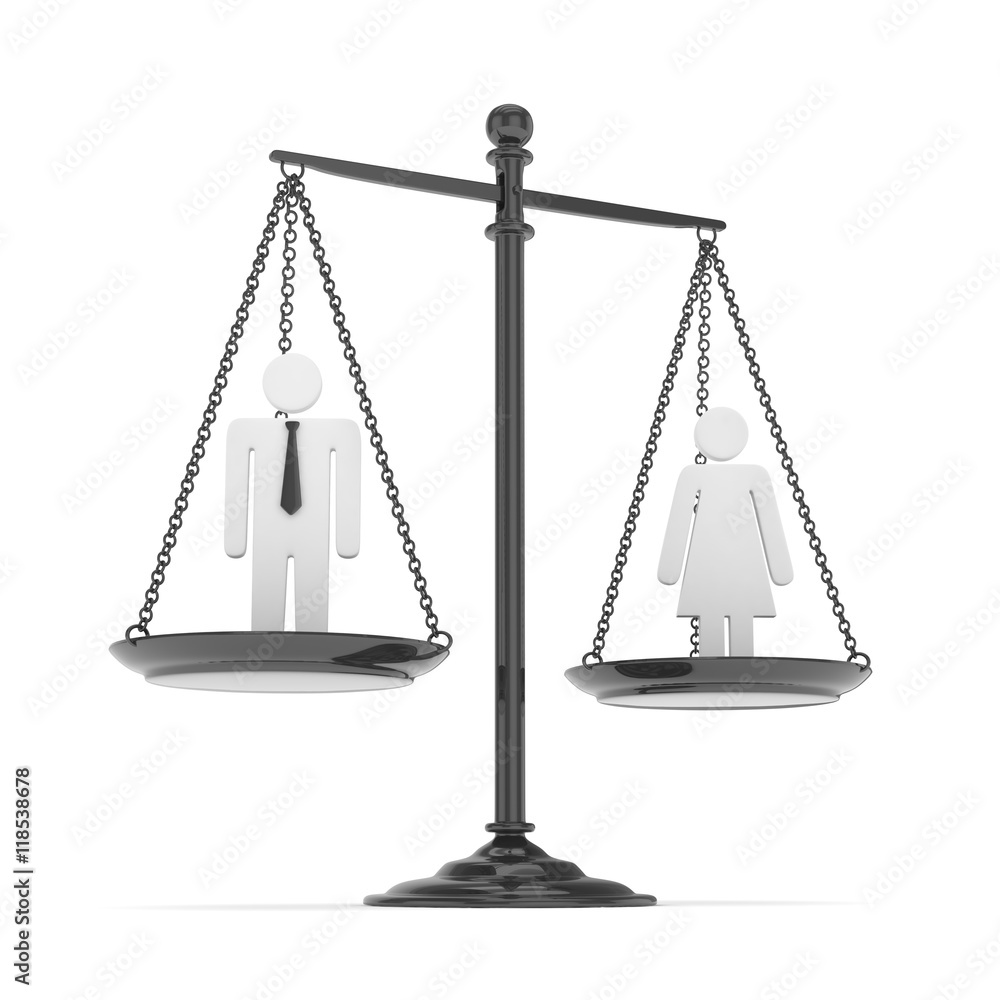 Isolated old fashioned pan scale with man and woman on white background. Gender inequality. Equality of sexes. Law issues. Silver model. 3D rendering. Isolated old fashioned pan scale with man and woman on white background. Gender inequality. Equality of sexes. Law issues. Silver model. 3D rendering.