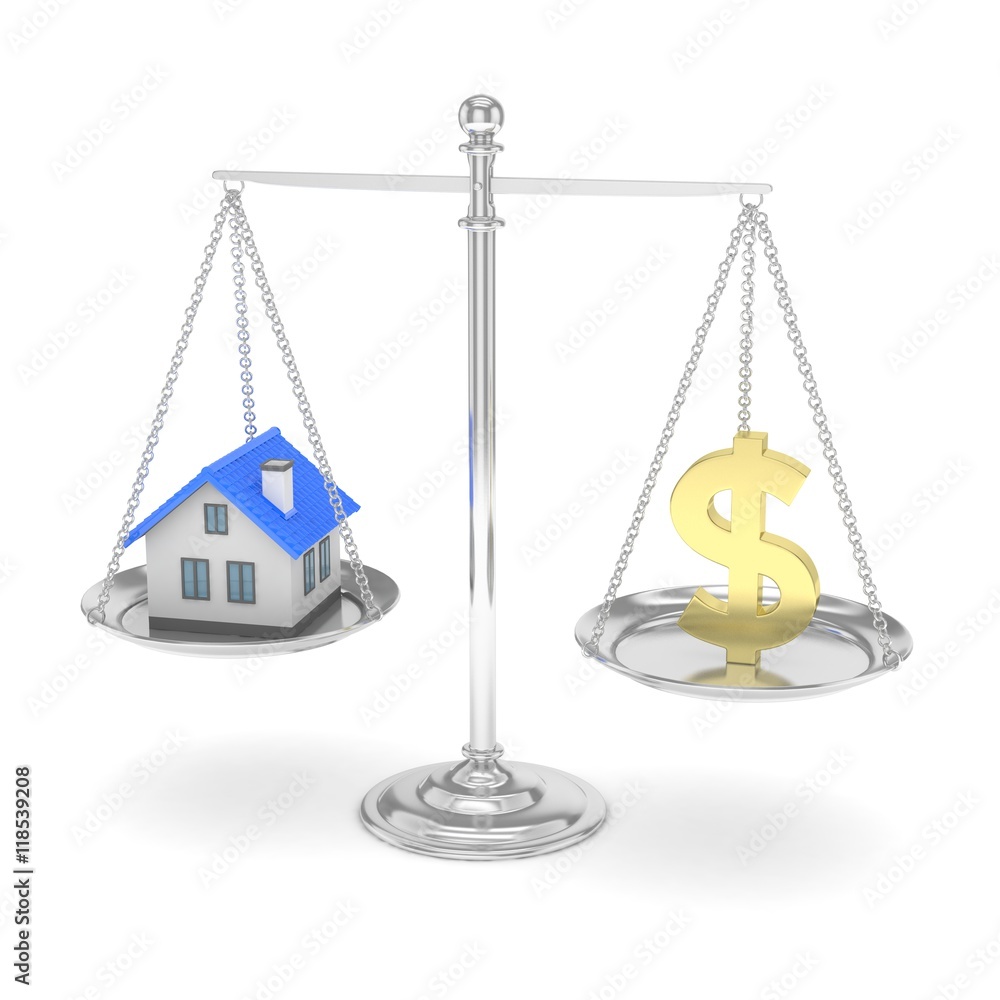 Isolated silver scales with golden dollar and house on white background. Investment or savings concept. Real estate and currency. 3D rendering. Isolated silver scales with golden dollar and house on white background. Investment or savings concept. Real estate and currency. 3D rendering.