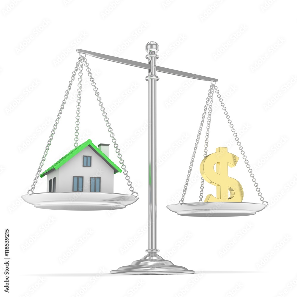Isolated silver scales with golden dollar and house on white background. Investment or savings concept. Real estate and currency. 3D rendering. Isolated silver scales with golden dollar and house on white background. Investment or savings concept. Real estate and currency. 3D rendering.
