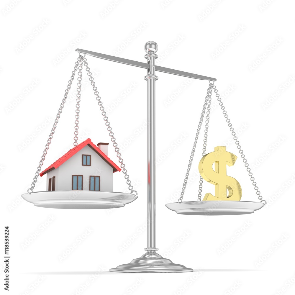Isolated silver scales with golden dollar and house on white background. Investment or savings concept. Real estate and currency. 3D rendering. Isolated silver scales with golden dollar and house on white background. Investment or savings concept. Real estate and currency. 3D rendering.