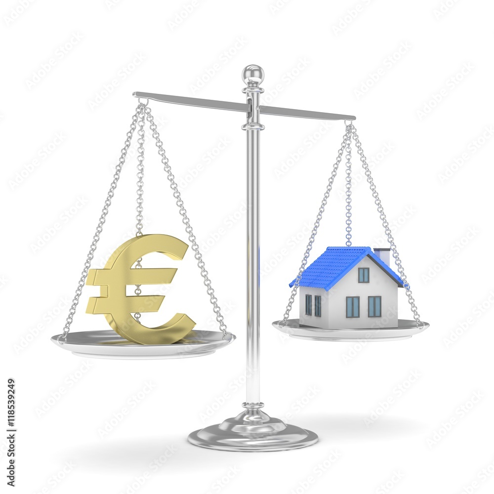 Isolated silver scales with golden euro and house on white background. Investment or savings concept. Real estate and currency. 3D rendering. Isolated silver scales with golden euro and house on white background. Investment or savings concept. Real estate and currency. 3D rendering.