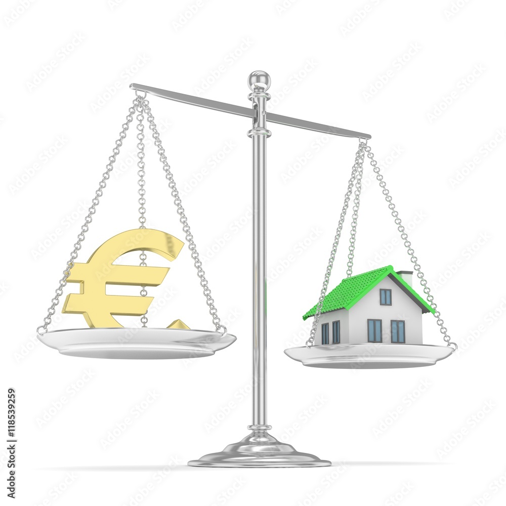 Isolated silver scales with golden euro and house on white background. Investment or savings concept. Real estate and currency. 3D rendering. Isolated silver scales with golden euro and house on white background. Investment or savings concept. Real estate and currency. 3D rendering.